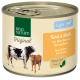 Dose mit Real Nature Original Haustierfutter, beschriftet mit "Light", das Rind- und Kalbfleisch mit Rote Beete und Gerste enthält.