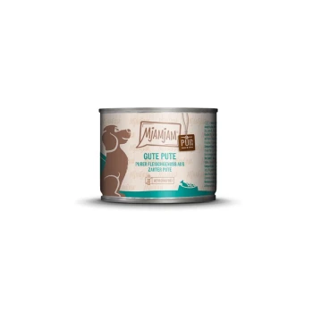 Pur Adult 6 x 200 g Dinde Nourriture pour chien en conserve étiquetée "Mjamjam Pur Gute Pute," présentant une silhouette de chien brun et un texte indiquant de la viande de dinde pure.