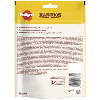 Verpackung von Pedigree Ranchos Hundeleckerlis, 180g, mit Nährwertangaben, Zutaten und Fütterungsempfehlungen in mehreren Sprachen.