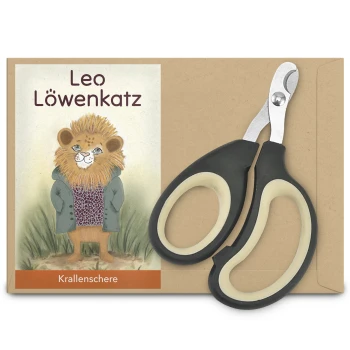 Ein Paar Haustier-Nagelschneider liegt neben einer Verpackung mit einem Cartoon-Löwen namens Leo Löwenkatz, beschriftet mit "Krallenschere."