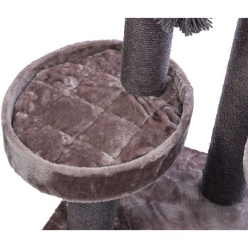 Grauer Plüsch-Katzenbaum mit einer runden, gesteppten Plattform und mit Sisal umwickelten Kratzpfosten.
