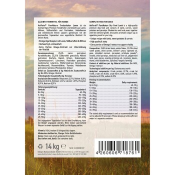 Hundefutterverpackung für "AniForte PureNature Trockenfutter Lamm" mit getrocknetem Lamm, Karotten, Süßkartoffeln, Nährwertangaben und 14 kg Gewicht.