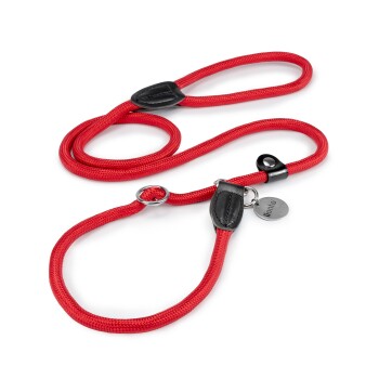Rote Haustierleine mit einem strapazierfähigen geflochtenen Design und schwarzen Lederakzenten, mit einem Metallclip zur Befestigung.