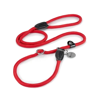 Rote Haustierleine mit einem strapazierfähigen geflochtenen Design und schwarzen Lederakzenten, mit einem Metallclip zur Befestigung.