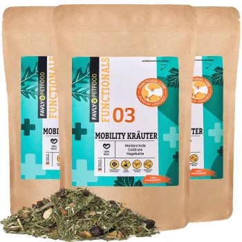 MOBILITY Kräuter 3x150 g Drei Beutel FAVLY Petfood Functional 03 Mobility Kräuter, mit einer Mischung aus Kräutern für die Mobilität von Haustieren, mit sichtbarem Text und Zutaten.