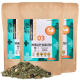 Drei Beutel FAVLY Petfood Functional 03 Mobility Kräuter, mit einer Mischung aus Kräutern für die Mobilität von Haustieren, mit sichtbarem Text und Zutaten.