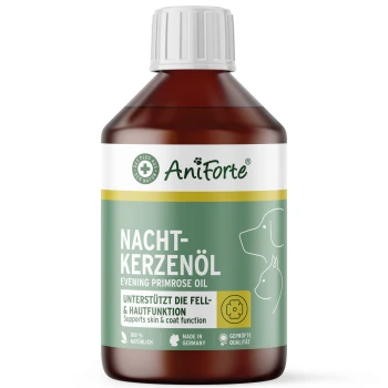 Braune Flasche AniForte Nachtkerzenöl für Tiere — unterstützt Haut- und Fellfunktion, hergestellt in Deutschland.