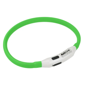 Grüner LED-Hundehalsband mit einer weißen Steuereinheit, mit dem Markennamen "AniOne" und einem Knopf zur Bedienung.