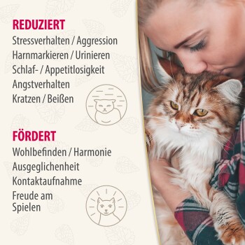 Bild einer gehaltenen Katze, mit Text, der die Vorteile eines Produkts hervorhebt: reduziert Stress, Aggression und Angst; fördert Wohlbefinden und Verspieltheit.