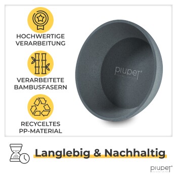 Hundenapf aus Bambusfaser von piupet, mit Text, der die hochwertige Verarbeitung, recyceltes PP-Material und Langlebigkeit hervorhebt.