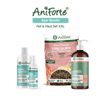 AniForte Haustier-Bundle: Fjord Salmon Hundefutterbeutel, Neemöl-Shampoo, Kokos-Pflegespray und Lachsöl-Flasche