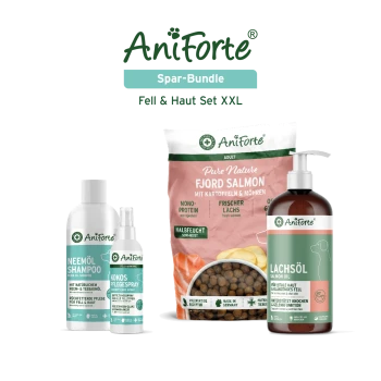 AniForte Haustier-Bundle: Fjord Salmon Hundefutterbeutel, Neemöl-Shampoo, Kokos-Pflegespray und Lachsöl-Flasche