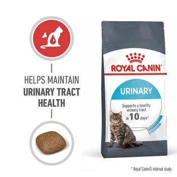 Royal Canin Urinary cat food bag showing a cat and kibble, promoting urinary tract health in 10 days.