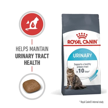 Royal Canin Urinary cat food bag showing a cat and kibble, promoting urinary tract health in 10 days.