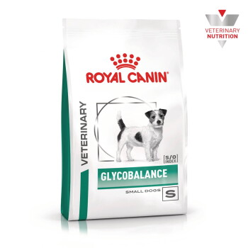 Royal Canin Veterinary GLYCOBALANCE-Tüte für kleine Hunde, weiße Verpackung mit Terrierbild und S/O INDEX-Label.