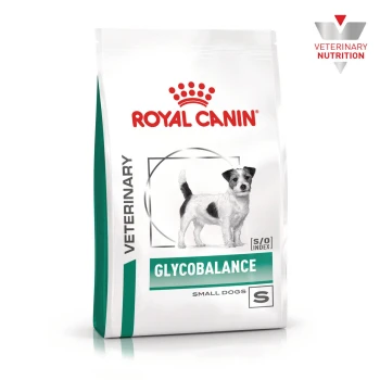 Royal Canin Veterinary GLYCOBALANCE-Tüte für kleine Hunde, weiße Verpackung mit Terrierbild und S/O INDEX-Label.
