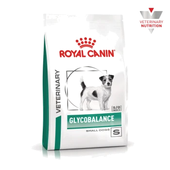 Royal Canin Veterinary GLYCOBALANCE-Tüte für kleine Hunde, weiße Verpackung mit Terrierbild und S/O INDEX-Label.