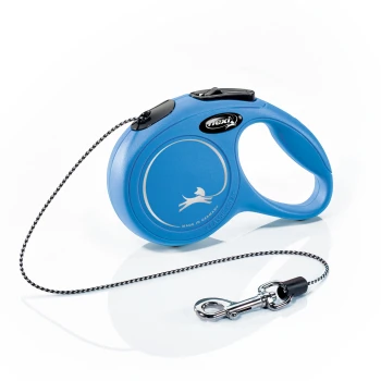 Blaue ausziehbare Hundeleine mit einem schwarz-weißen Kabel, das einen bequemen Griff und einen Clip zur Befestigung an einem Halsband hat.