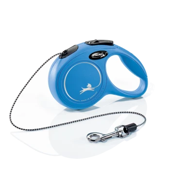 Blue retractable dog leash with a black and white cord, featuring a comfortable grip and a clip for attaching to a collar.