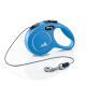 Blue retractable dog leash with a black and white cord, featuring a comfortable grip and a clip for attaching to a collar.