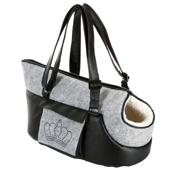 Stylische Haustiertragetasche aus grauem Filz und schwarzem Leder, mit einem Kronendesign und einem weichen, gemütlichen Innenraum.