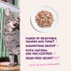 Tabby licking lips by plate of fish flakes; purple text: salmon & tuna flakes, broth, 100% natural, MSC, grain-free.