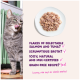Tabby licking lips by plate of fish flakes; purple text: salmon & tuna flakes, broth, 100% natural, MSC, grain-free.