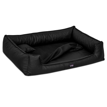 Schwarzes rechteckiges Haustierbett mit erhöhten Kanten und einem weichen Innenraum, mit einem kleinen Kissen auf einer Seite.