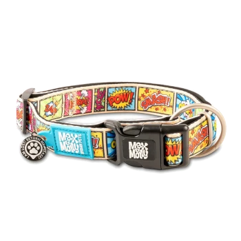 Buntes, comic-inspiriertes Haustierhalsband mit "Max & Molly Urban Pets"-Logo und Anhänger mit der Aufschrift "Ich bin verloren! Bitte bring mich zurück!"