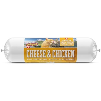 Rouleau de nourriture pour animaux DeliBest au fromage et au poulet avec un fond de montagne pittoresque et deux chats. Le texte inclut "Sans sucre ajouté, sans céréales et sans gluten."