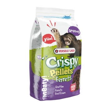 Crispy Pellets - Fretten 10kg Zak Versele-Laga Crispy Pellets voor fretjes, met speelse fretjes op de voorkant, met tekst 'yUm!' en 'Groovy!' en 'Meaty!'