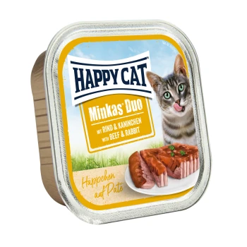 Verpackung von Happy Cat Minkas Duo Katzenfutter mit einer verspielten Katze, die sich die Lippen leckt, mit Text, der Rind- und Kaninchenzutaten angibt.