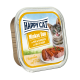 Verpackung von Happy Cat Minkas Duo Katzenfutter mit einer verspielten Katze, die sich die Lippen leckt, mit Text, der Rind- und Kaninchenzutaten angibt.