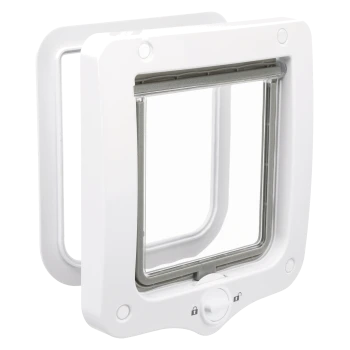 White plastic pet flap door with clear swing panel and rotary lock showing padlock icons