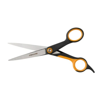 Fiskars-Edelstahlschere mit schwarz-orangen ergonomischen Griffen, sichtbares Fiskars-Logo auf der Klinge.