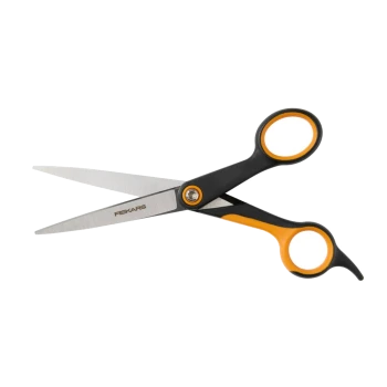 Fiskars-Edelstahlschere mit schwarz-orangen ergonomischen Griffen, sichtbares Fiskars-Logo auf der Klinge.