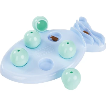 Interaktives Haustierspielzeug in Form eines Fisches, mit fünf mintfarbenen Bällen und versteckten Leckereien im Inneren.