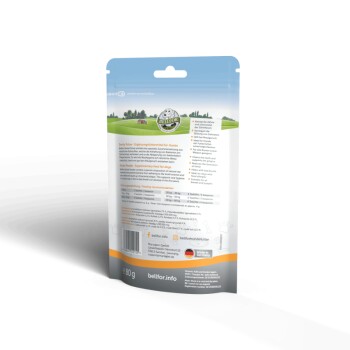 Zahnpulver für Hunde, 80g-Packung, mit Fütterungsempfehlungen, Inhaltsstoffen und Vorteilen für die Zahngesundheit.