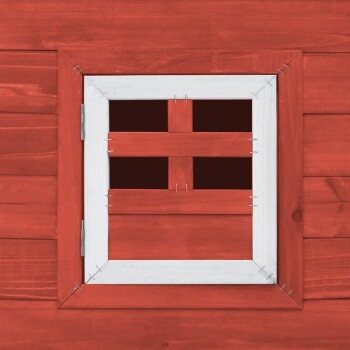 Eine Nahaufnahme eines Holzfensters eines Haustierhauses, rot gestrichen mit einem weißen Rahmen und Querstrebe, mit einem rustikalen Design.