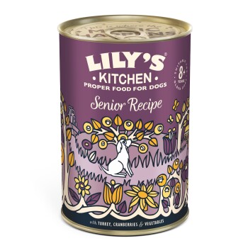 LILY'S Kitchen Senior Recipe dog food can with turkey, cranberries, vegetables, and floral design, suitable for dogs 8+ years.