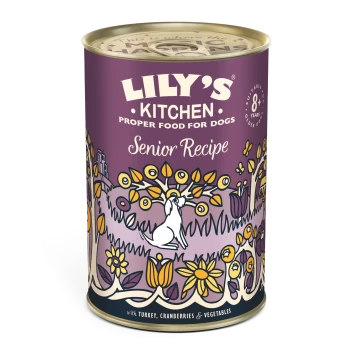 LILY'S Kitchen Senior Recipe dog food can with turkey, cranberries, vegetables, and floral design, suitable for dogs 8+ years.