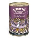 LILY'S Kitchen Senior Recipe dog food can with turkey, cranberries, vegetables, and floral design, suitable for dogs 8+ years.