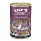 LILY'S Kitchen Senior Recipe dog food can with turkey, cranberries, vegetables, and floral design, suitable for dogs 8+ years.