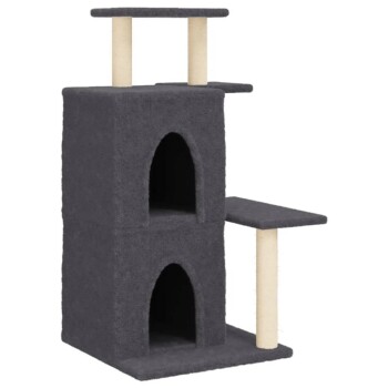Grauer Katzenbaum mit zwei Ebenen, zwei gewölbten Eingängen und zwei Plattformen zum Klettern und Ausruhen.