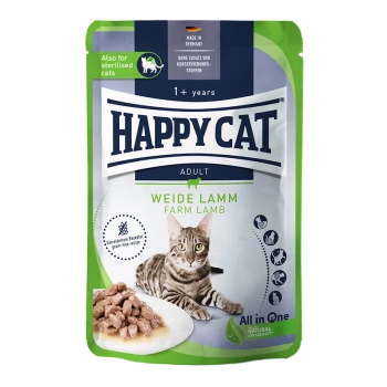 Happy Cat Adult Katzenfutterverpackung mit einer getigerten Katze, mit dem Text "Weide Lamm Farm Lamm" und "All in One" deutlich angezeigt.
