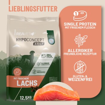 HypoConcept Adult Hundefuttersack 'Mit frischem Lachs' 12,5 kg mit Lachsstück; Kennzeichnungen: Single Protein, gluten- und weizenfrei