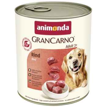 Dose Animonda GranCarno Adult 1+ Hundefutter mit Rind, zeigt Fleischstücke und einen glücklichen Golden Retriever.