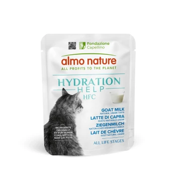 Almo Nature Hydration Help HFC Katzenfutterbeutel mit Ziegenmilch, zeigt eine graue Katze und Text in mehreren Sprachen.