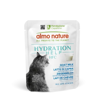 Almo Nature Hydration Help HFC Katzenfutterbeutel mit Ziegenmilch, zeigt eine graue Katze und Text in mehreren Sprachen.