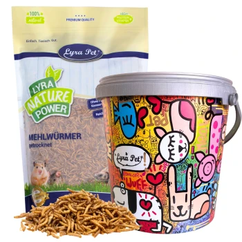 Bunte Verpackung von Lyra Pet Nature Power getrockneten Mehlwürmern, mit einem lebhaften Eimerdesign und einer Tüte, die mit "100% natürlich, hoher Proteingehalt" beschriftet ist.